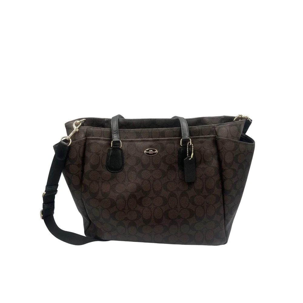 Coach Signature Canvas Diaper Bag Brown Black Monogram Tote F35414